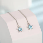 Aquamarine Blue Star CZ Threader Earrings in Sterling Silver, Crystal Star Ear Threaders