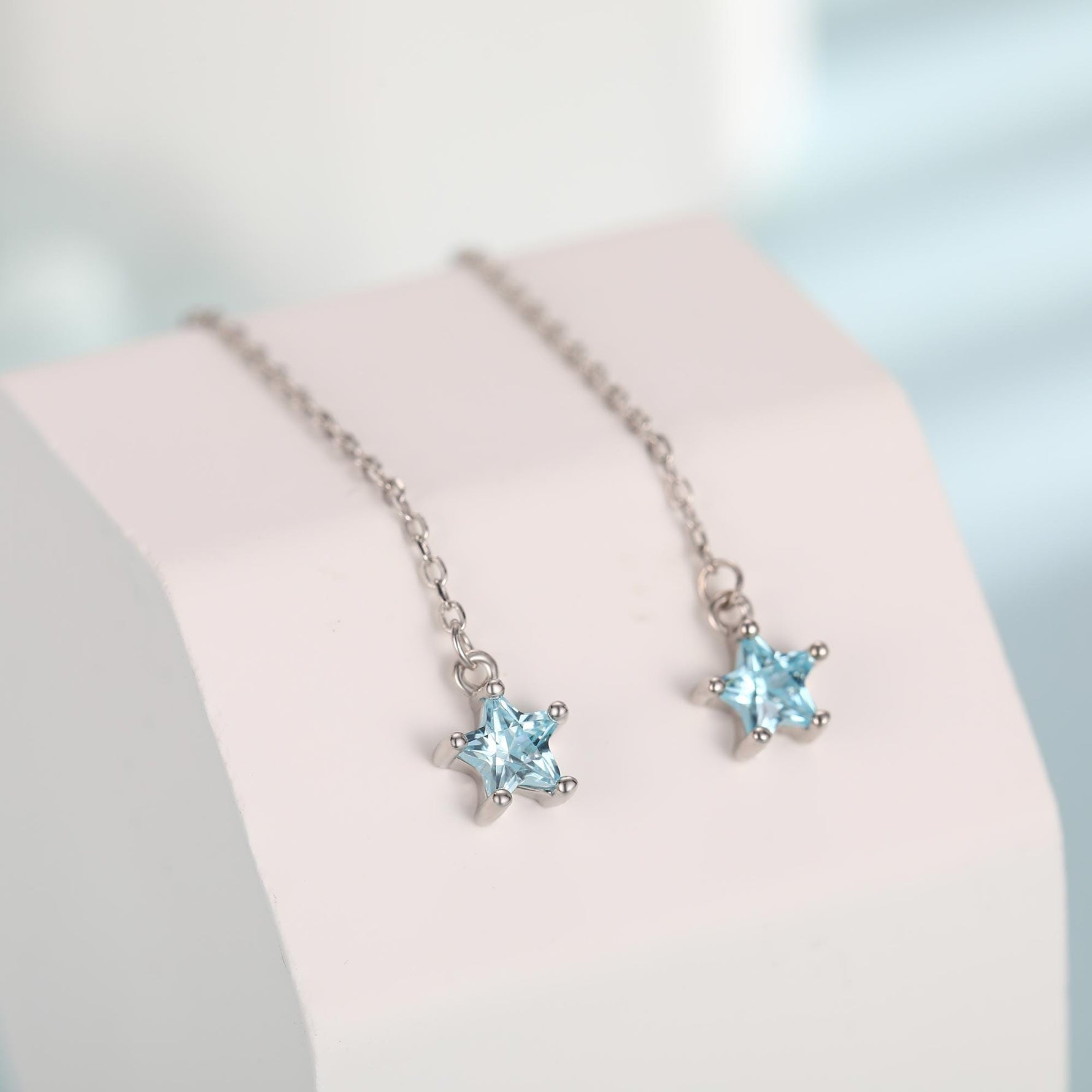 Aquamarine Blue Star CZ Threader Earrings in Sterling Silver, Crystal Star Ear Threaders