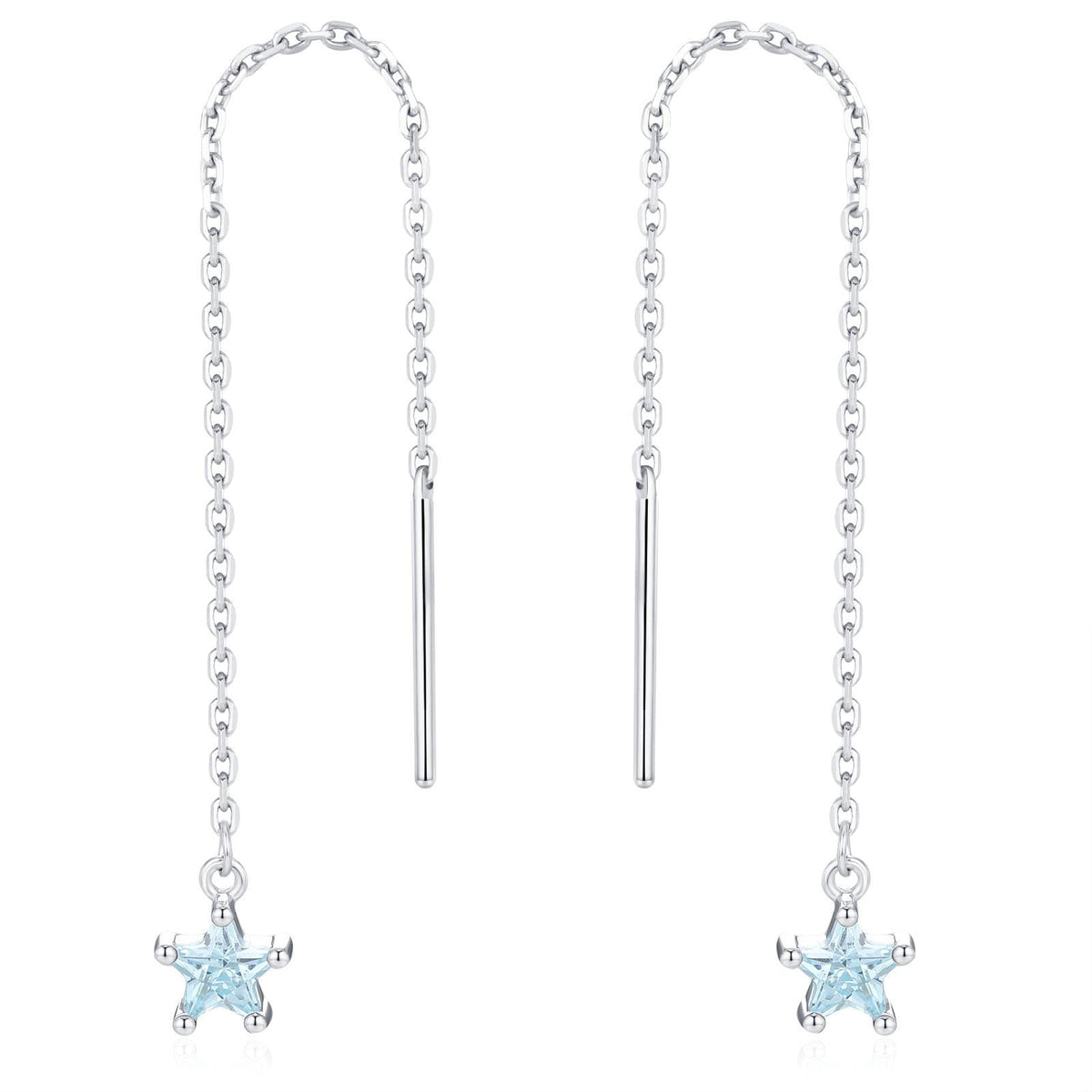 Aquamarine Blue Star CZ Threader Earrings in Sterling Silver, Crystal Star Ear Threaders