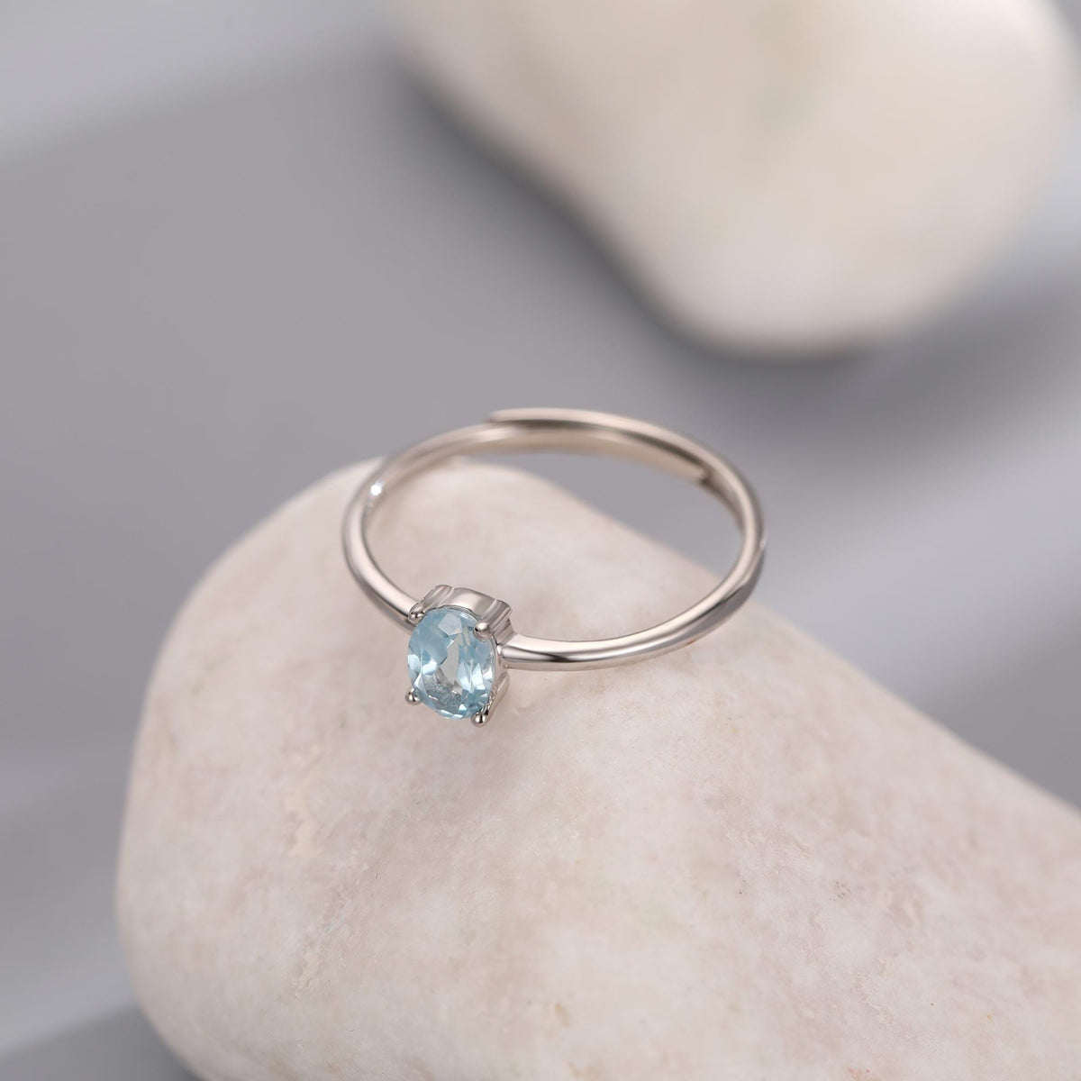 Natural Blue Topaz Oval Ring in Sterling Silver, 4x6mm, Prong Set Oval Cut, Adjustable Size, Genuine Topaz Ring