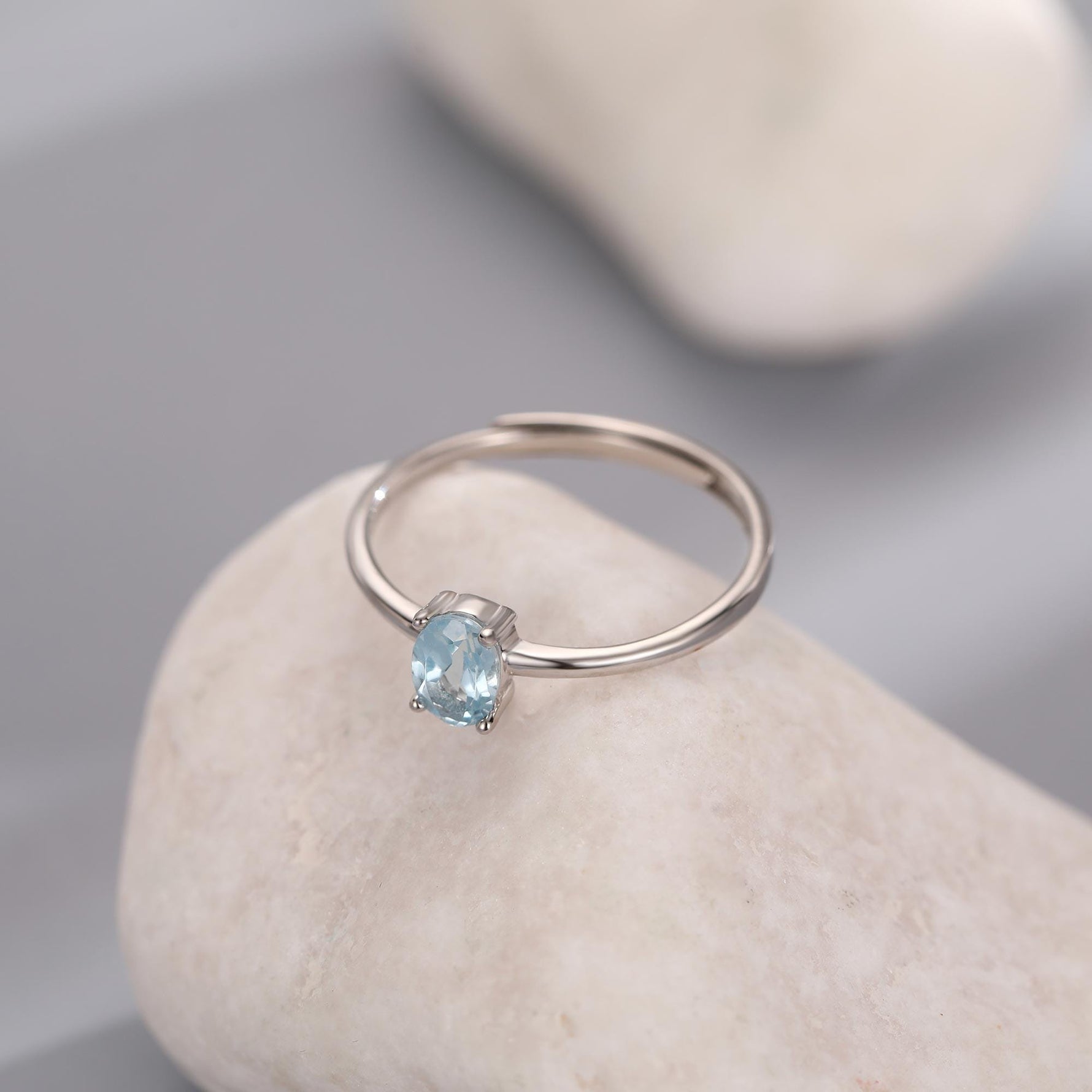 Natural Blue Topaz Oval Ring in Sterling Silver, 4x6mm, Prong Set Oval Cut, Adjustable Size, Genuine Topaz Ring