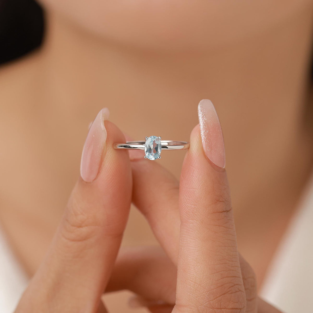 Natural Blue Topaz Oval Ring in Sterling Silver, 4x6mm, Prong Set Oval Cut, Adjustable Size, Genuine Topaz Ring