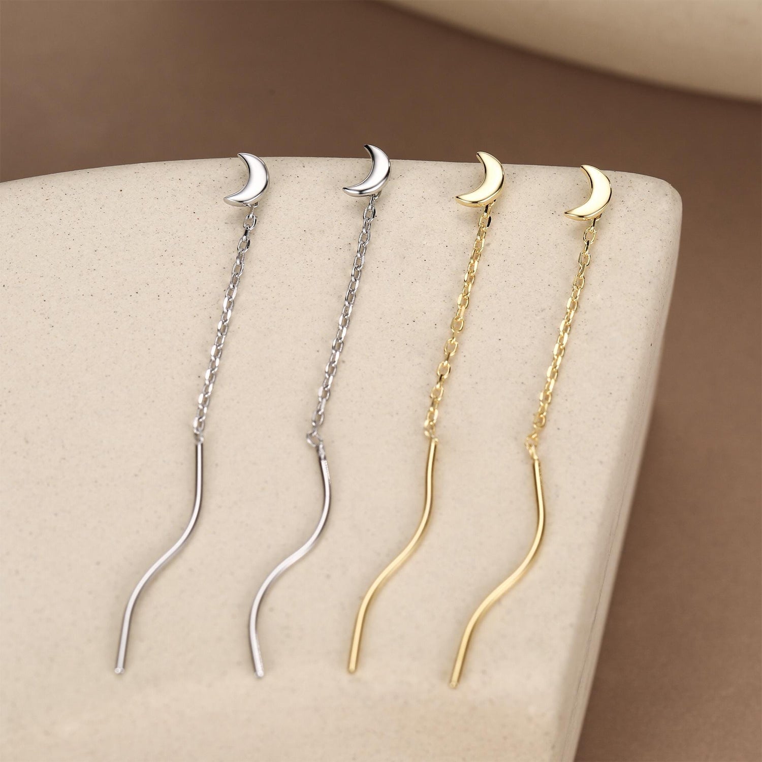 Sterling Silver Dainty Crescent Moon Threader Earrings, Silver or Gold, Swirl Ear Threader, Elegant and Pretty, Minimalist and Geometric