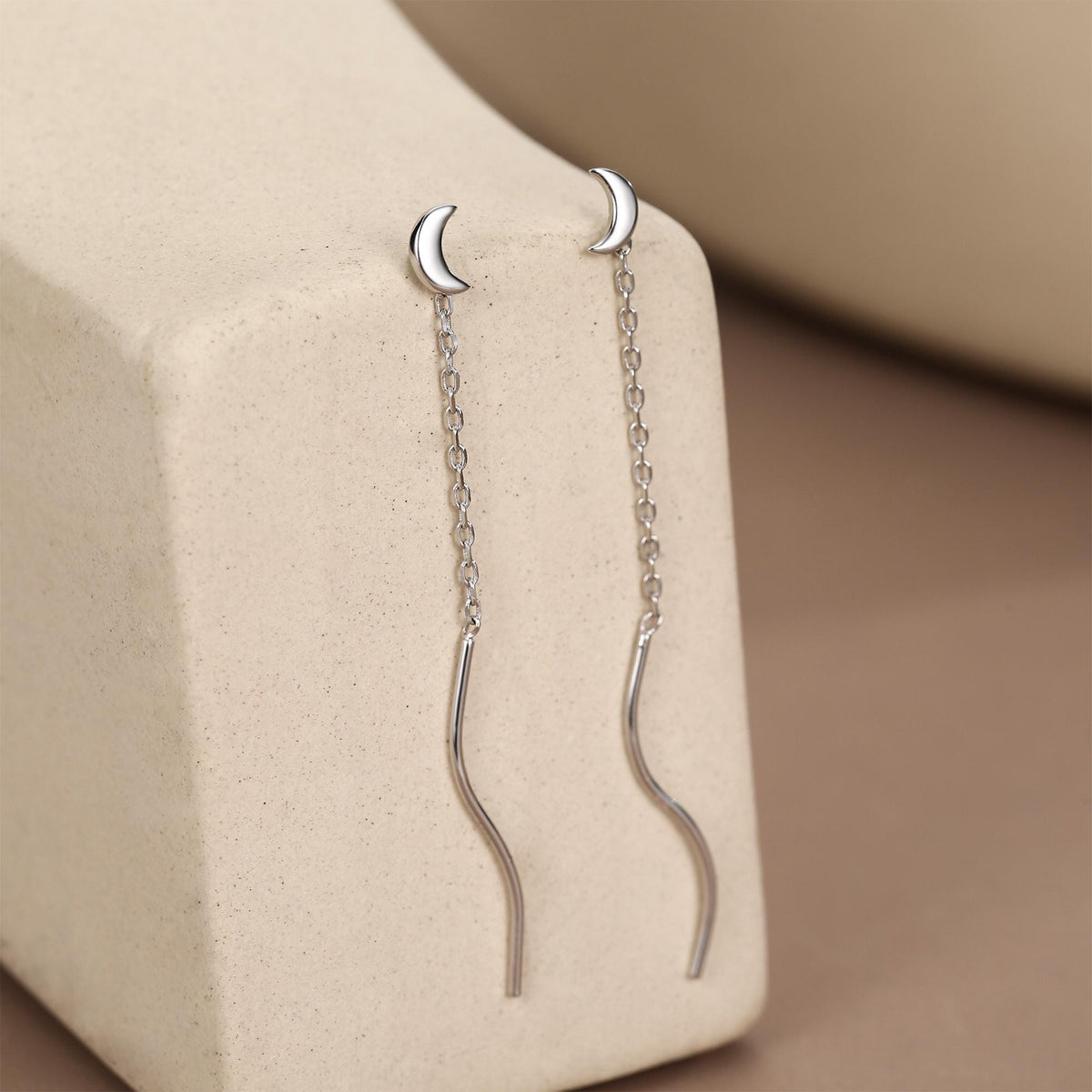 Sterling Silver Dainty Crescent Moon Threader Earrings, Silver or Gold, Swirl Ear Threader, Elegant and Pretty, Minimalist and Geometric
