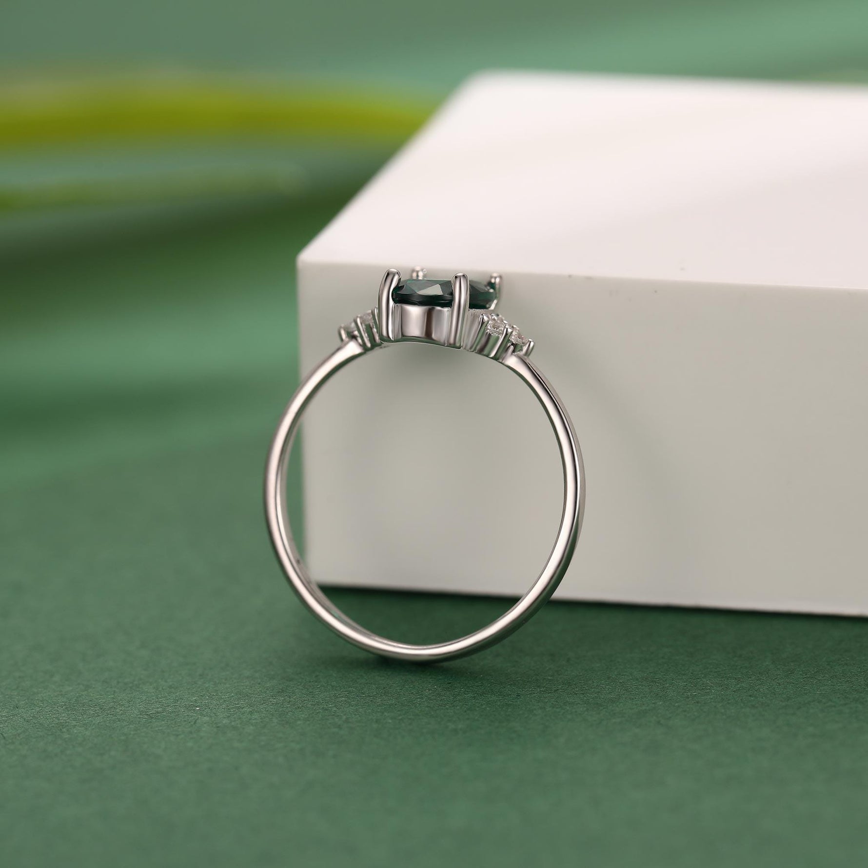 Emerald Green CZ Oval Ring in Sterling Silver, Simulated Emerald Ring, Three CZ, May Birthstone, Vintage Inspired Design, US 5 - 8