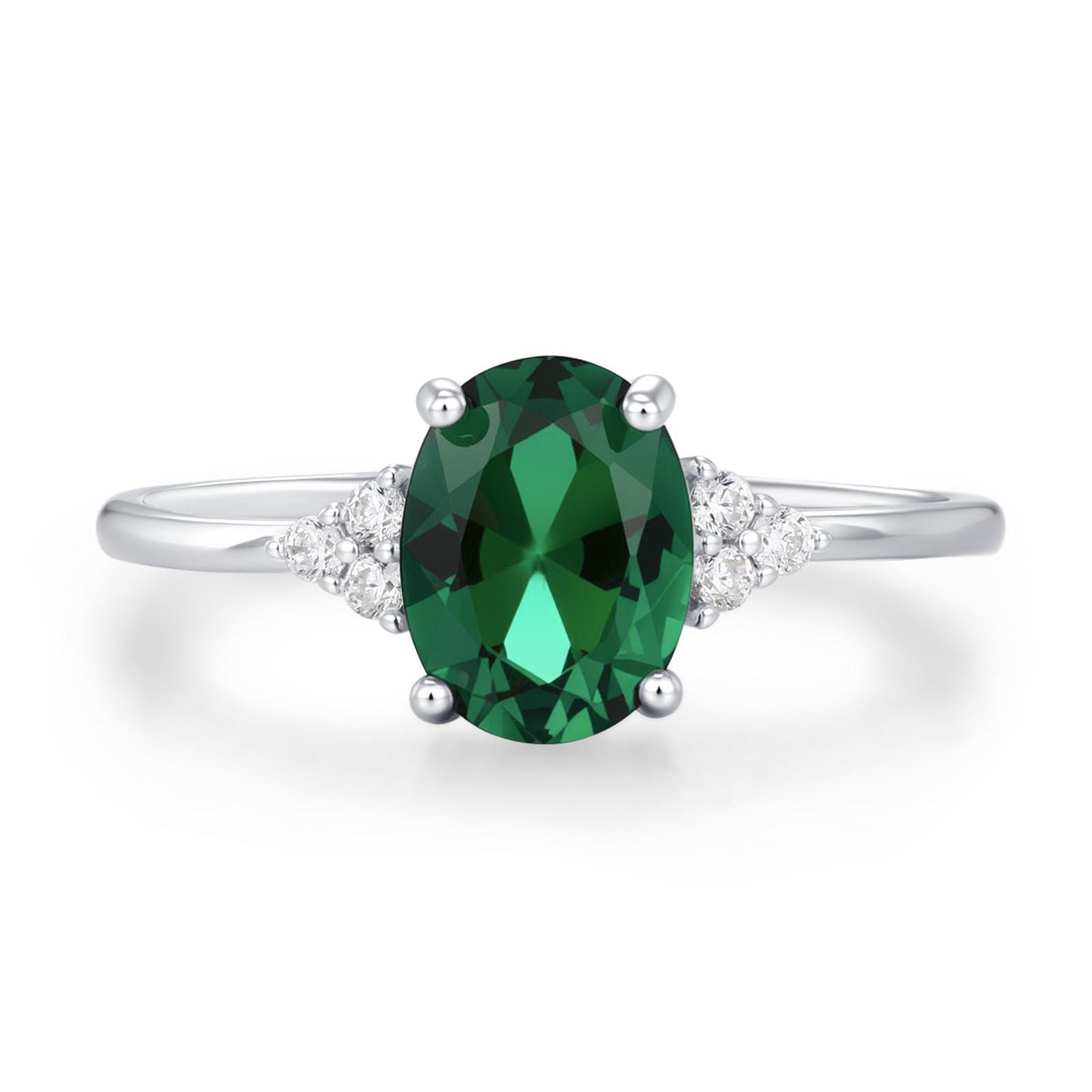 Emerald Green CZ Oval Ring in Sterling Silver, Simulated Emerald Ring, Three CZ, May Birthstone, Vintage Inspired Design, US 5 - 8