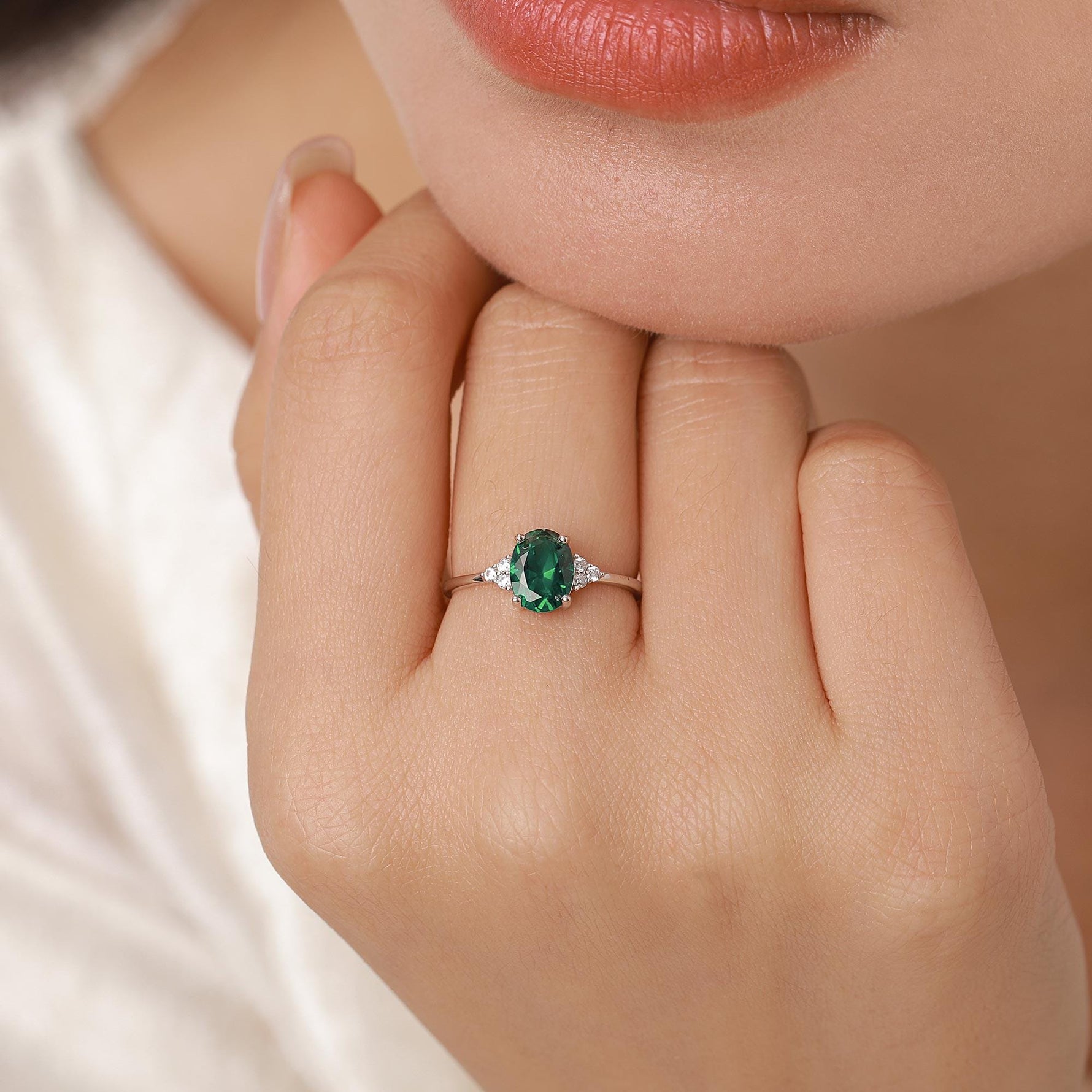 Emerald Green CZ Oval Ring in Sterling Silver, Simulated Emerald Ring, Three CZ, May Birthstone, Vintage Inspired Design, US 5 - 8