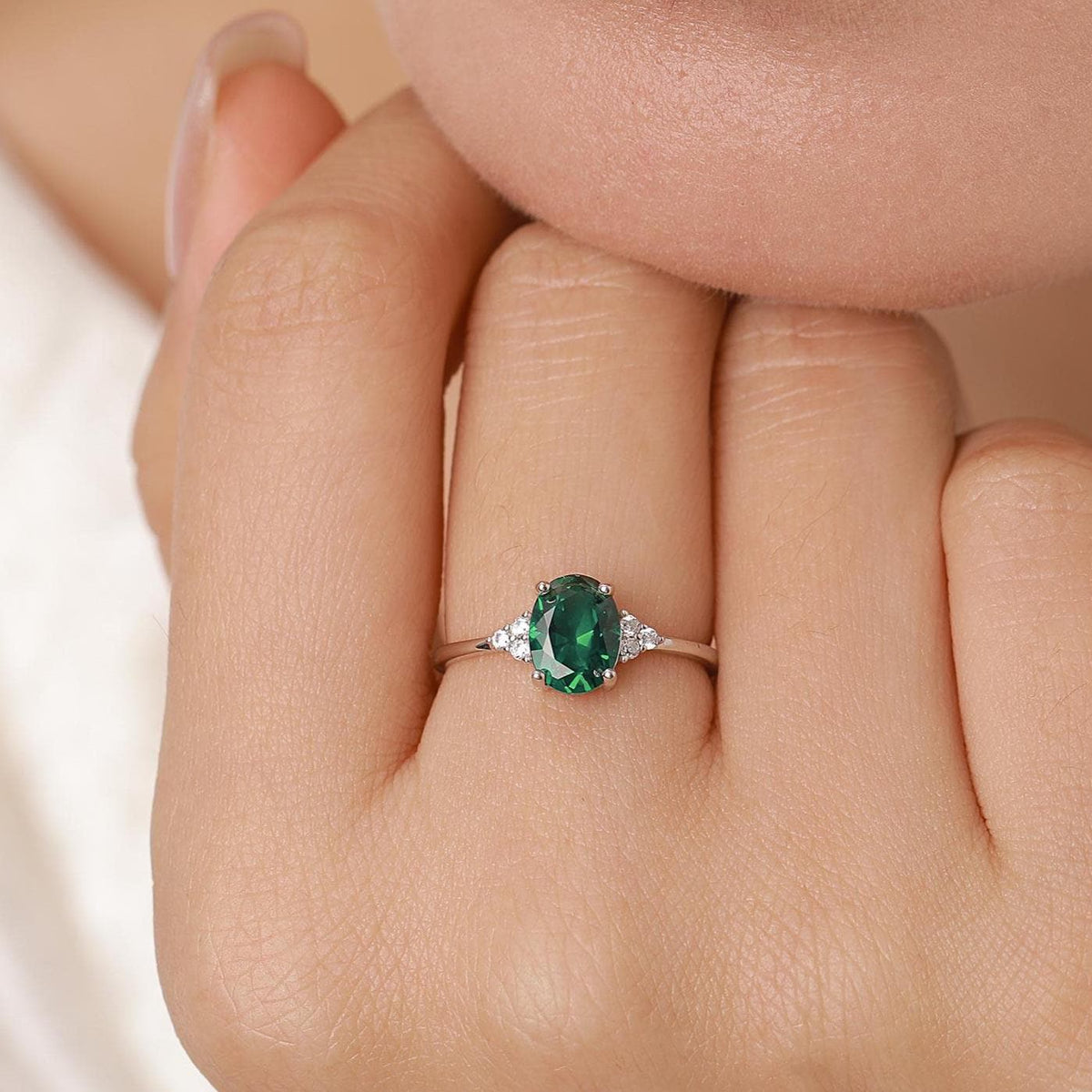 Emerald Green CZ Oval Ring in Sterling Silver, Simulated Emerald Ring, Three CZ, May Birthstone, Vintage Inspired Design, US 5 - 8