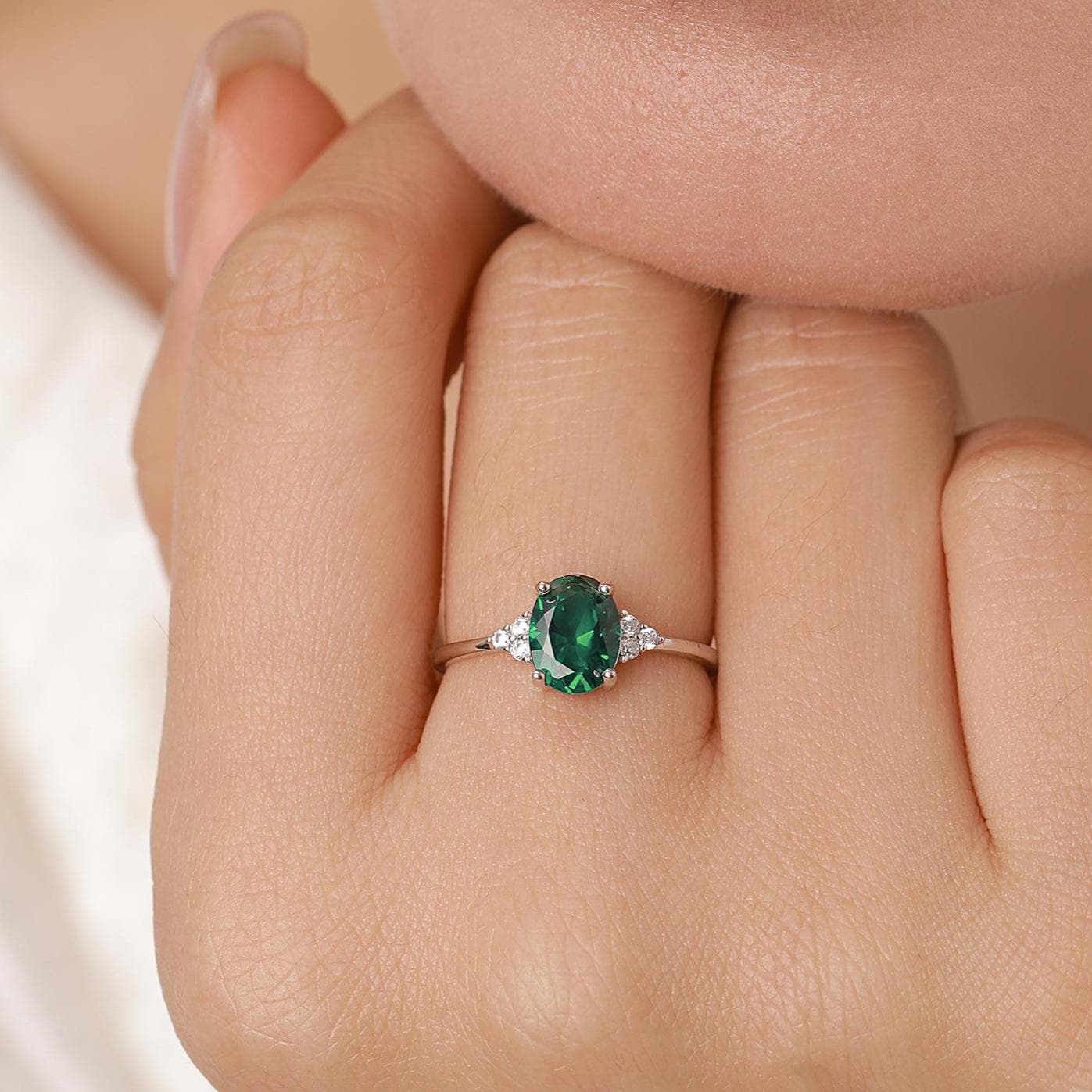 Emerald Green CZ Oval Ring in Sterling Silver, Simulated Emerald Ring, Three CZ, May Birthstone, Vintage Inspired Design, US 5 - 8