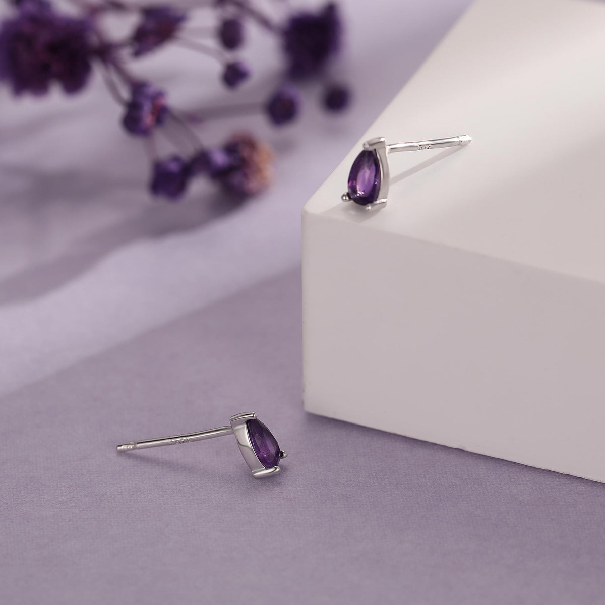Extra Tiny Genuine Amethyst Droplet Stud Earrings in Sterling Silver, 3x5mm Amethyst Crystal Earrings, Natural Purple Amethyst Pear Earrings