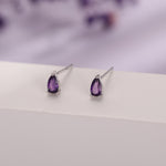 Extra Tiny Genuine Amethyst Droplet Stud Earrings in Sterling Silver, 3x5mm Amethyst Crystal Earrings, Natural Purple Amethyst Pear Earrings