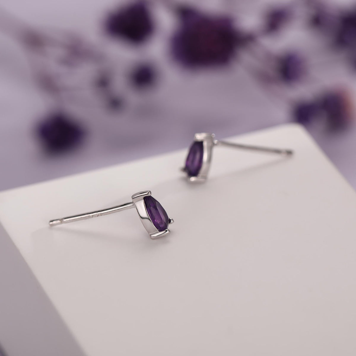 Extra Tiny Genuine Amethyst Droplet Stud Earrings in Sterling Silver, 3x5mm Amethyst Crystal Earrings, Natural Purple Amethyst Pear Earrings