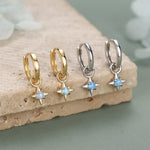 Tiny Blue Opal Starburst Huggie Hoop Earrings in Sterling Silver, Silver or Gold, Detachable Charms, Lab Opal North Star Drop Earrings