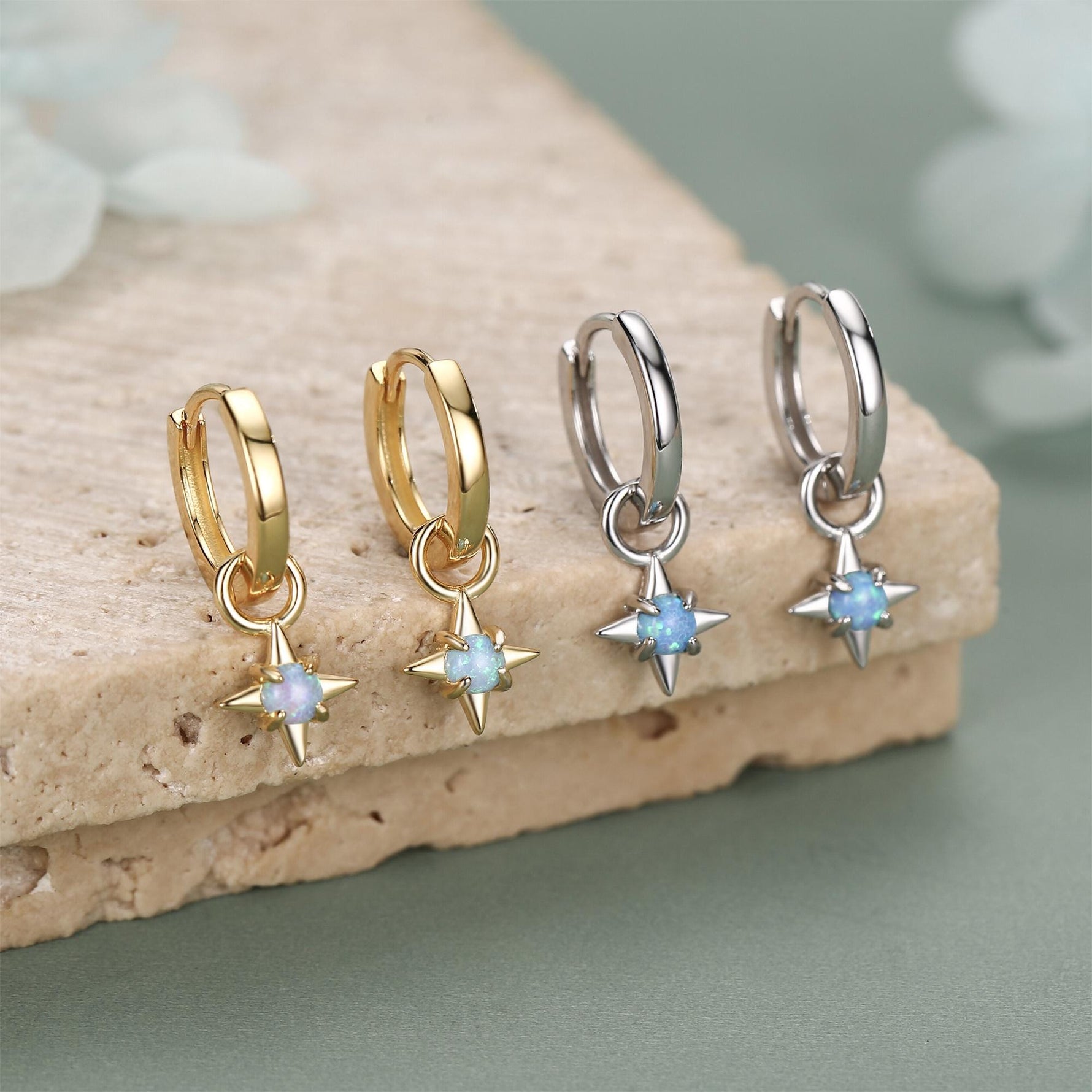 Tiny Blue Opal Starburst Huggie Hoop Earrings in Sterling Silver, Silver or Gold, Detachable Charms, Lab Opal North Star Drop Earrings
