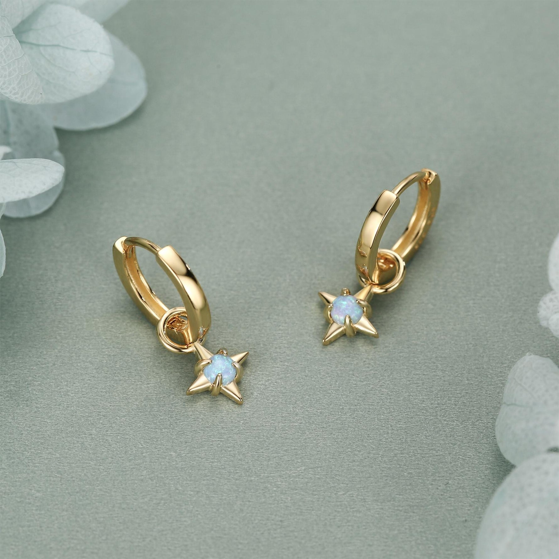 Tiny Blue Opal Starburst Huggie Hoop Earrings in Sterling Silver, Silver or Gold, Detachable Charms, Lab Opal North Star Drop Earrings