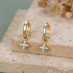 Tiny Blue Opal Starburst Huggie Hoop Earrings in Sterling Silver, Silver or Gold, Detachable Charms, Lab Opal North Star Drop Earrings