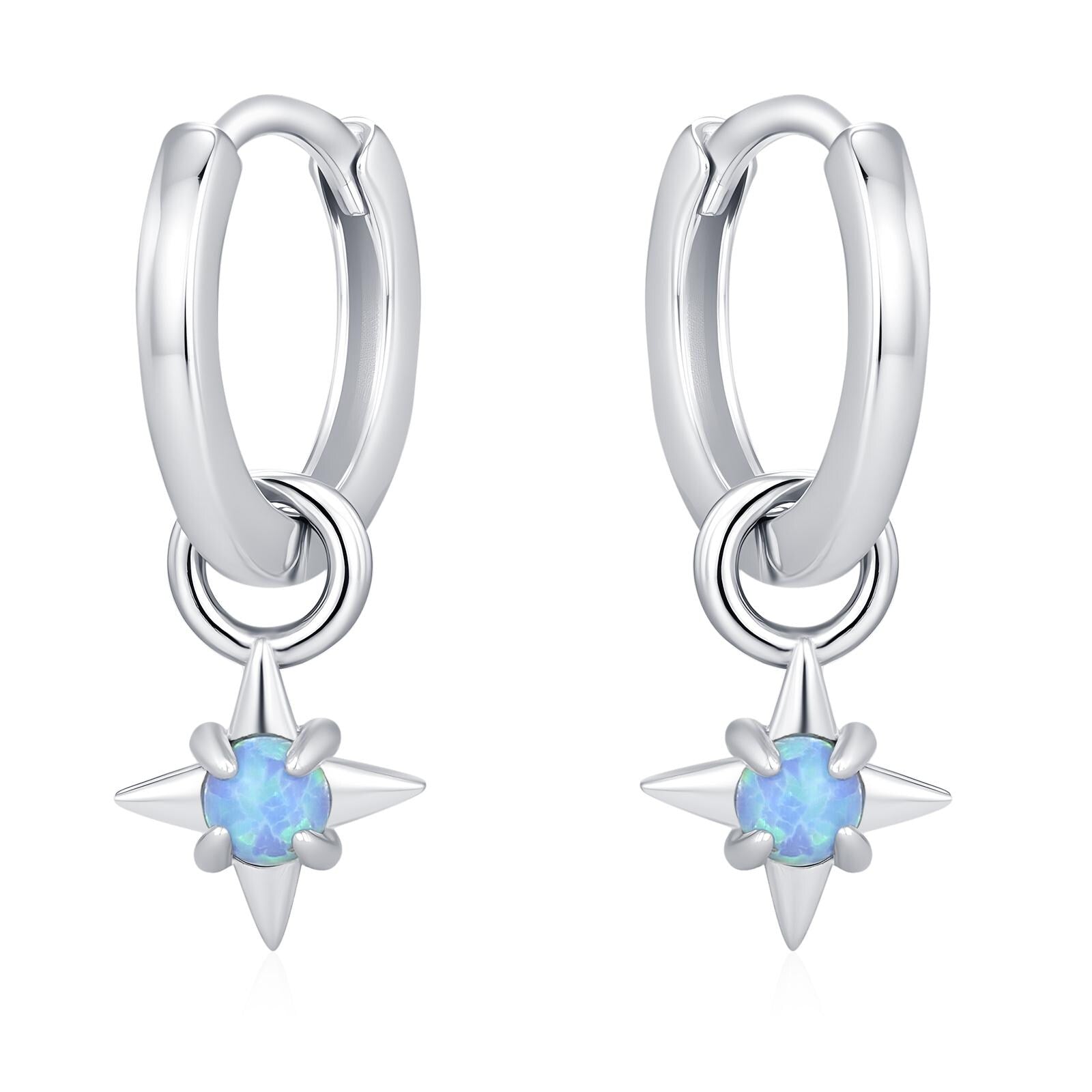 Tiny Blue Opal Starburst Huggie Hoop Earrings in Sterling Silver, Silver or Gold, Detachable Charms, Lab Opal North Star Drop Earrings