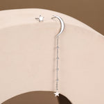 Sterling Silver Asymmetric Moon and Star Long Stud Earrings - - Silver or Gold - Drop Dangling Earrings - Cute Fun and Quirky
