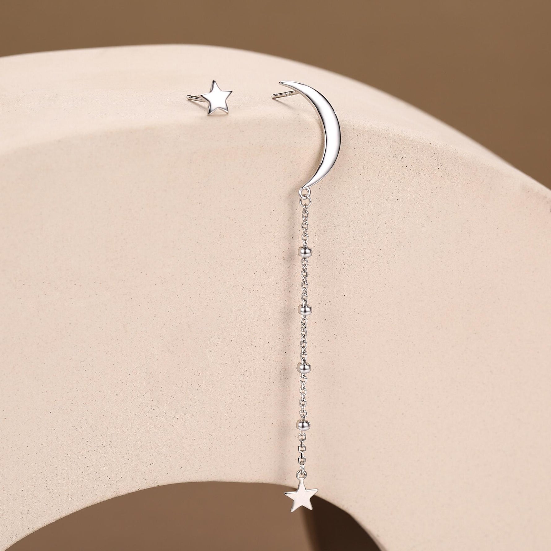 Sterling Silver Asymmetric Moon and Star Long Stud Earrings - - Silver or Gold - Drop Dangling Earrings - Cute Fun and Quirky