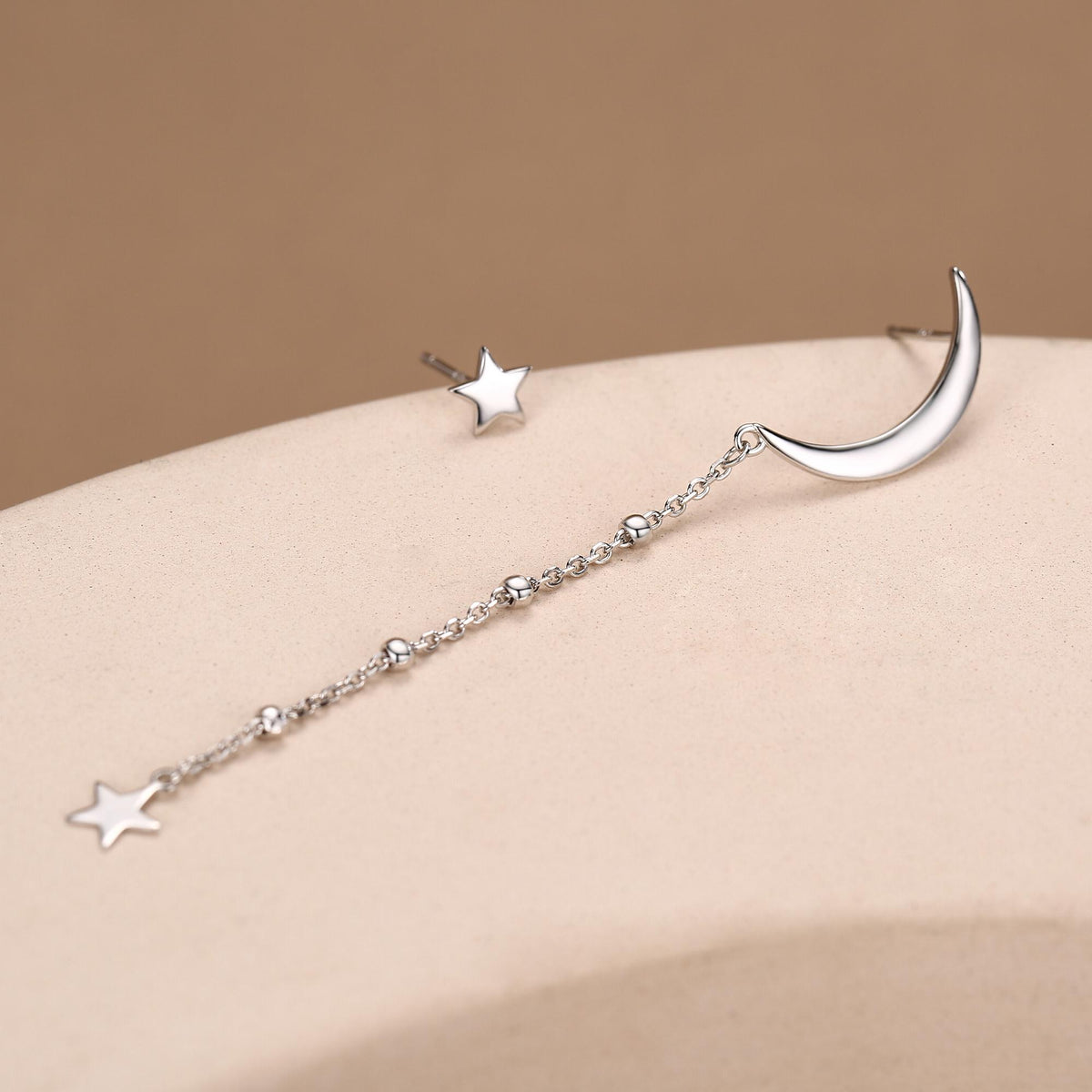 Sterling Silver Asymmetric Moon and Star Long Stud Earrings - - Silver or Gold - Drop Dangling Earrings - Cute Fun and Quirky