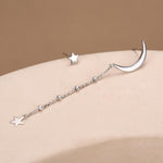 Sterling Silver Asymmetric Moon and Star Long Stud Earrings - - Silver or Gold - Drop Dangling Earrings - Cute Fun and Quirky
