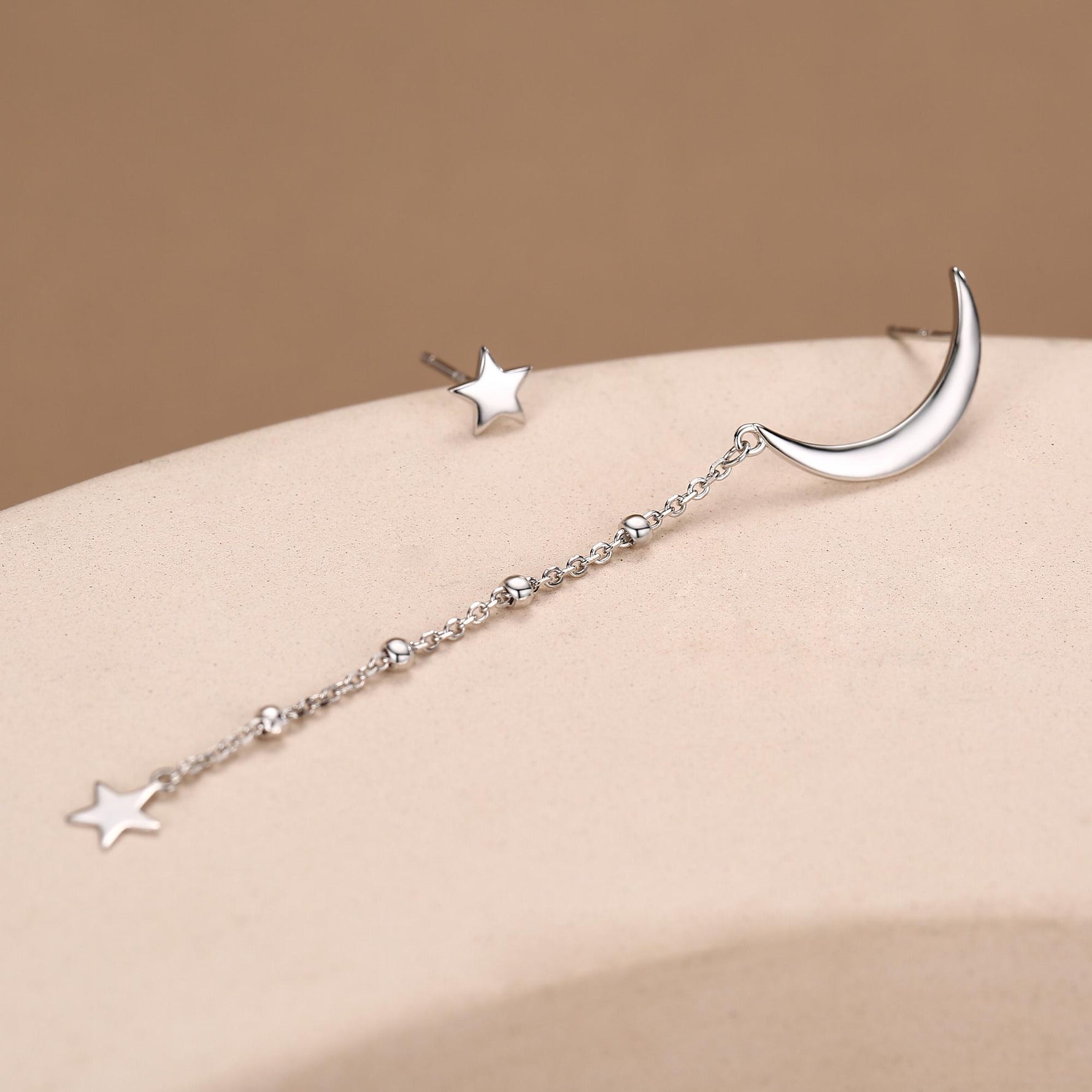 Sterling Silver Asymmetric Moon and Star Long Stud Earrings - - Silver or Gold - Drop Dangling Earrings - Cute Fun and Quirky