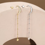 Sterling Silver Asymmetric Moon and Star Long Stud Earrings - - Silver or Gold - Drop Dangling Earrings - Cute Fun and Quirky