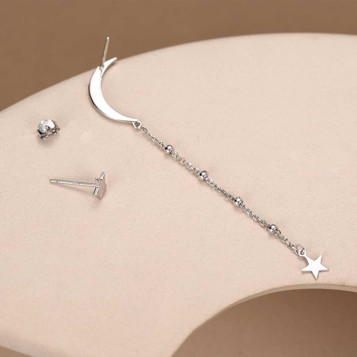 Sterling Silver Asymmetric Moon and Star Long Stud Earrings - - Silver or Gold - Drop Dangling Earrings - Cute Fun and Quirky