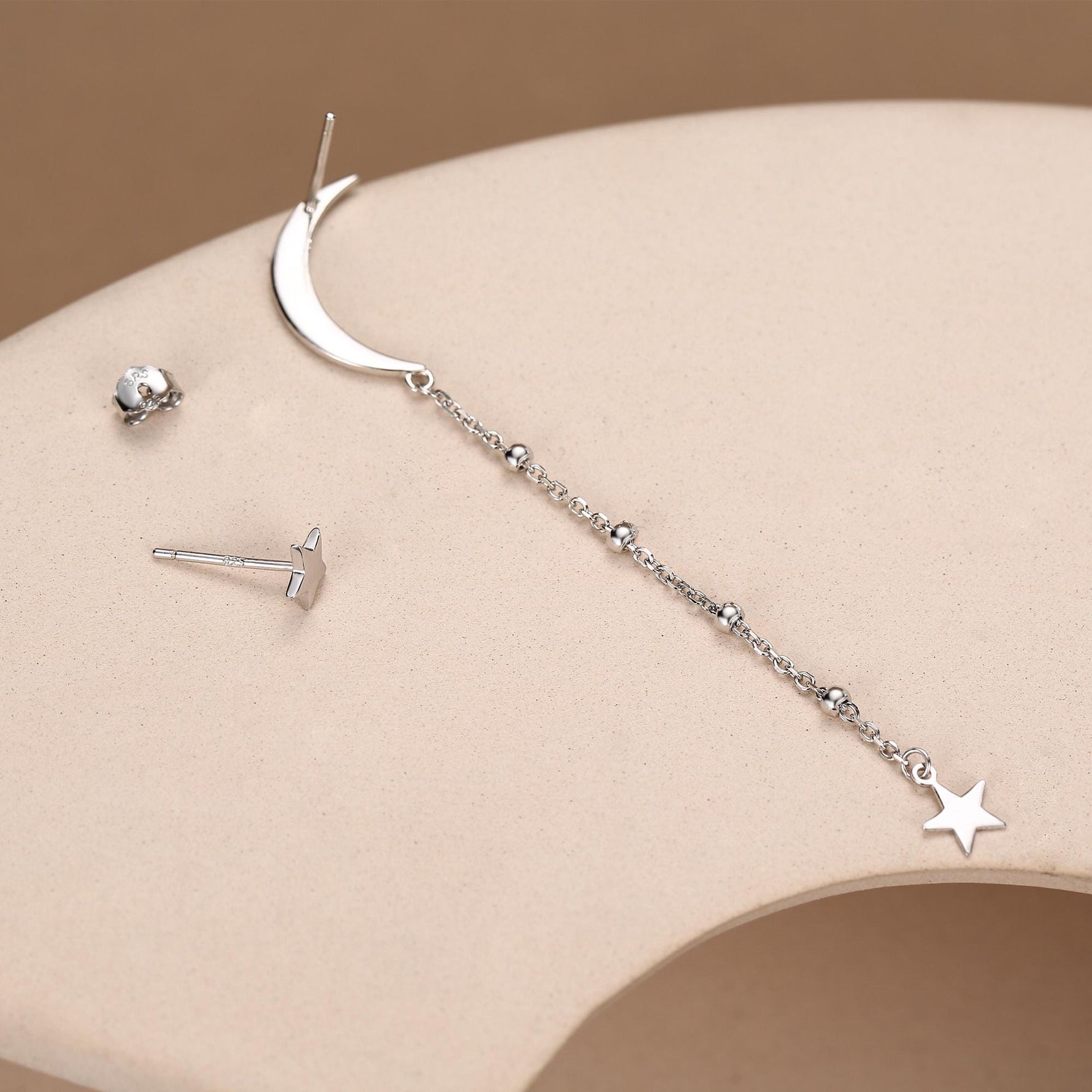 Sterling Silver Asymmetric Moon and Star Long Stud Earrings - - Silver or Gold - Drop Dangling Earrings - Cute Fun and Quirky