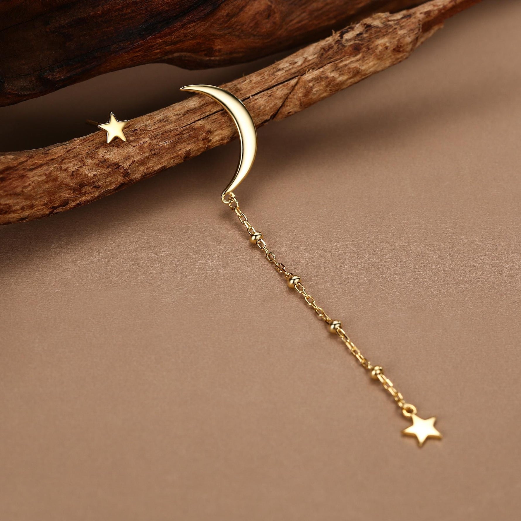Sterling Silver Asymmetric Moon and Star Long Stud Earrings - - Silver or Gold - Drop Dangling Earrings - Cute Fun and Quirky