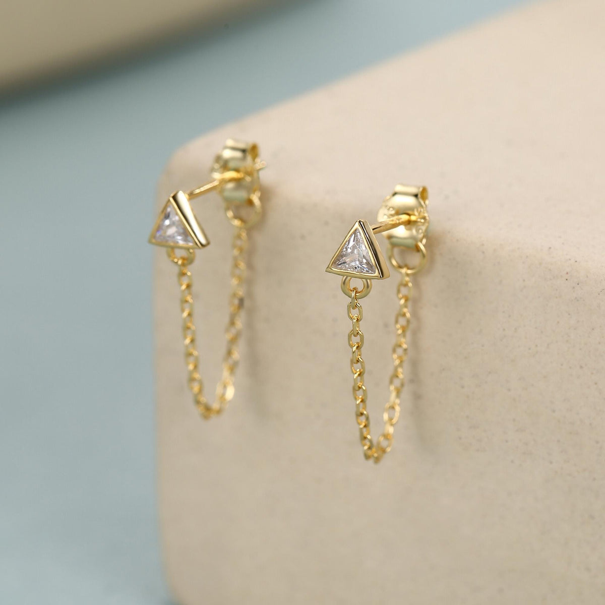 Tiny Triangle CZ Chain Earrings in Sterling Silver, Silver or Gold, Triangle CZ Ear Jacket, CZ Jacket Earrings