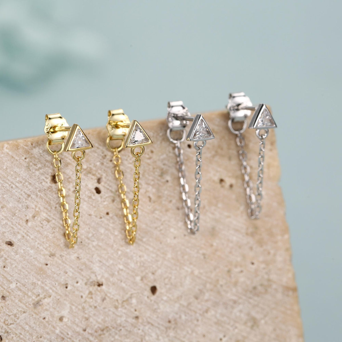 Tiny Triangle CZ Chain Earrings in Sterling Silver, Silver or Gold, Triangle CZ Ear Jacket, CZ Jacket Earrings