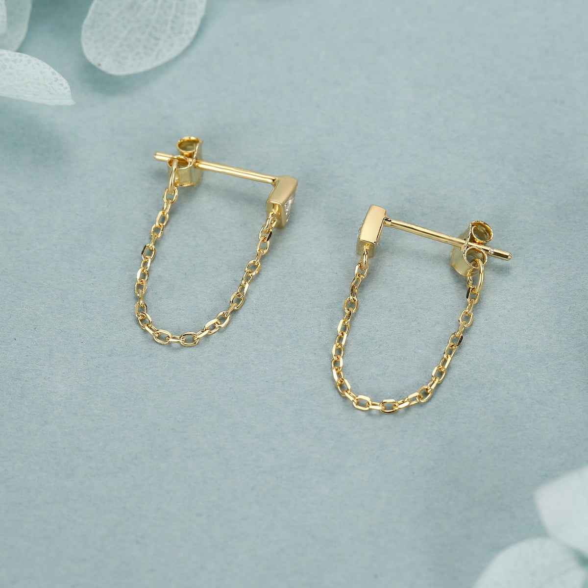 Tiny Triangle CZ Chain Earrings in Sterling Silver, Silver or Gold, Triangle CZ Ear Jacket, CZ Jacket Earrings