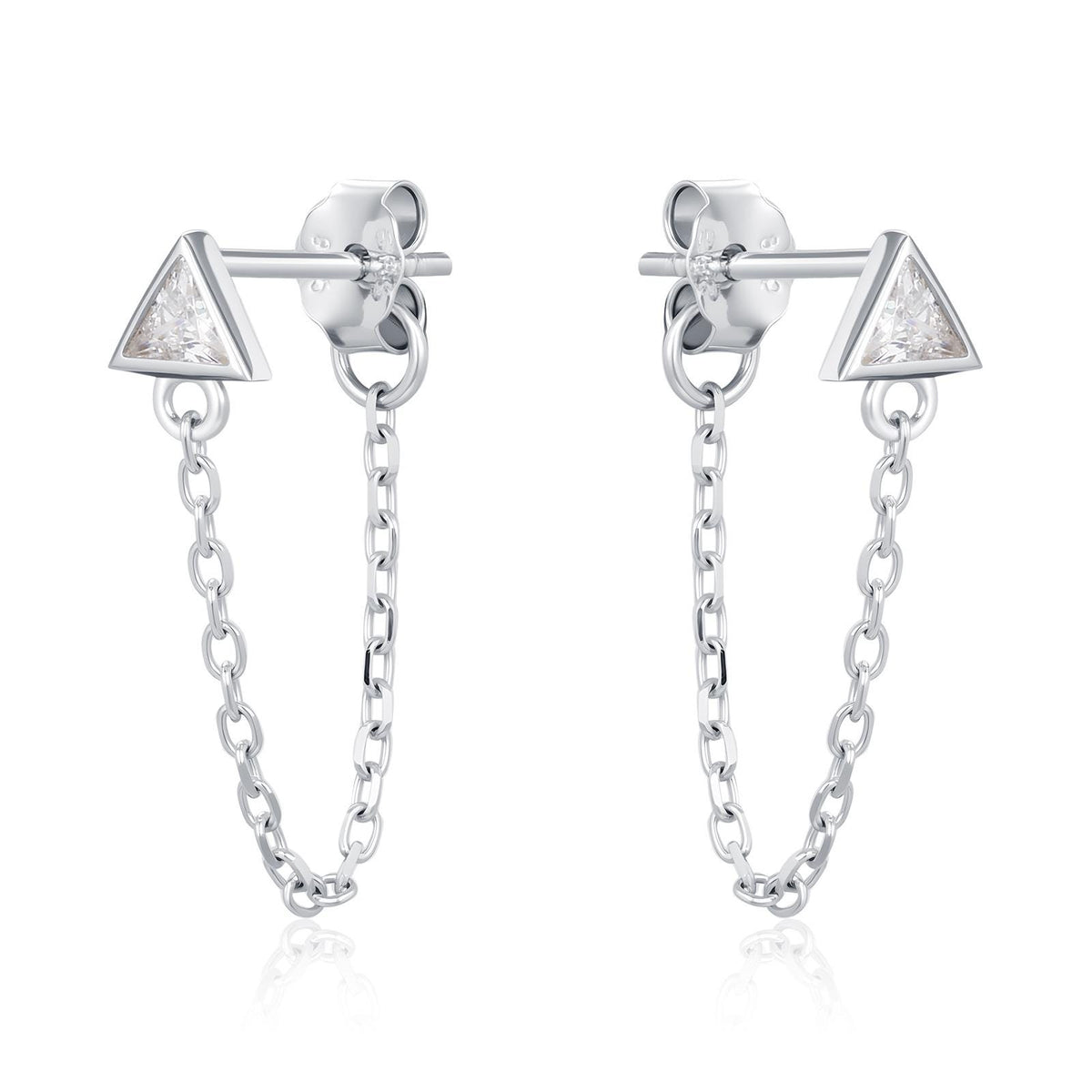 Tiny Triangle CZ Chain Earrings in Sterling Silver, Silver or Gold, Triangle CZ Ear Jacket, CZ Jacket Earrings