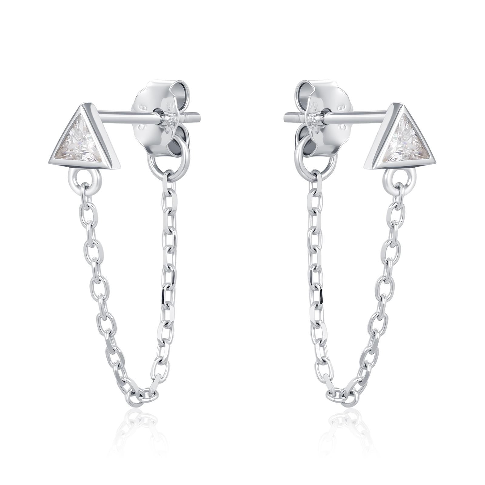Tiny Triangle CZ Chain Earrings in Sterling Silver, Silver or Gold, Triangle CZ Ear Jacket, CZ Jacket Earrings
