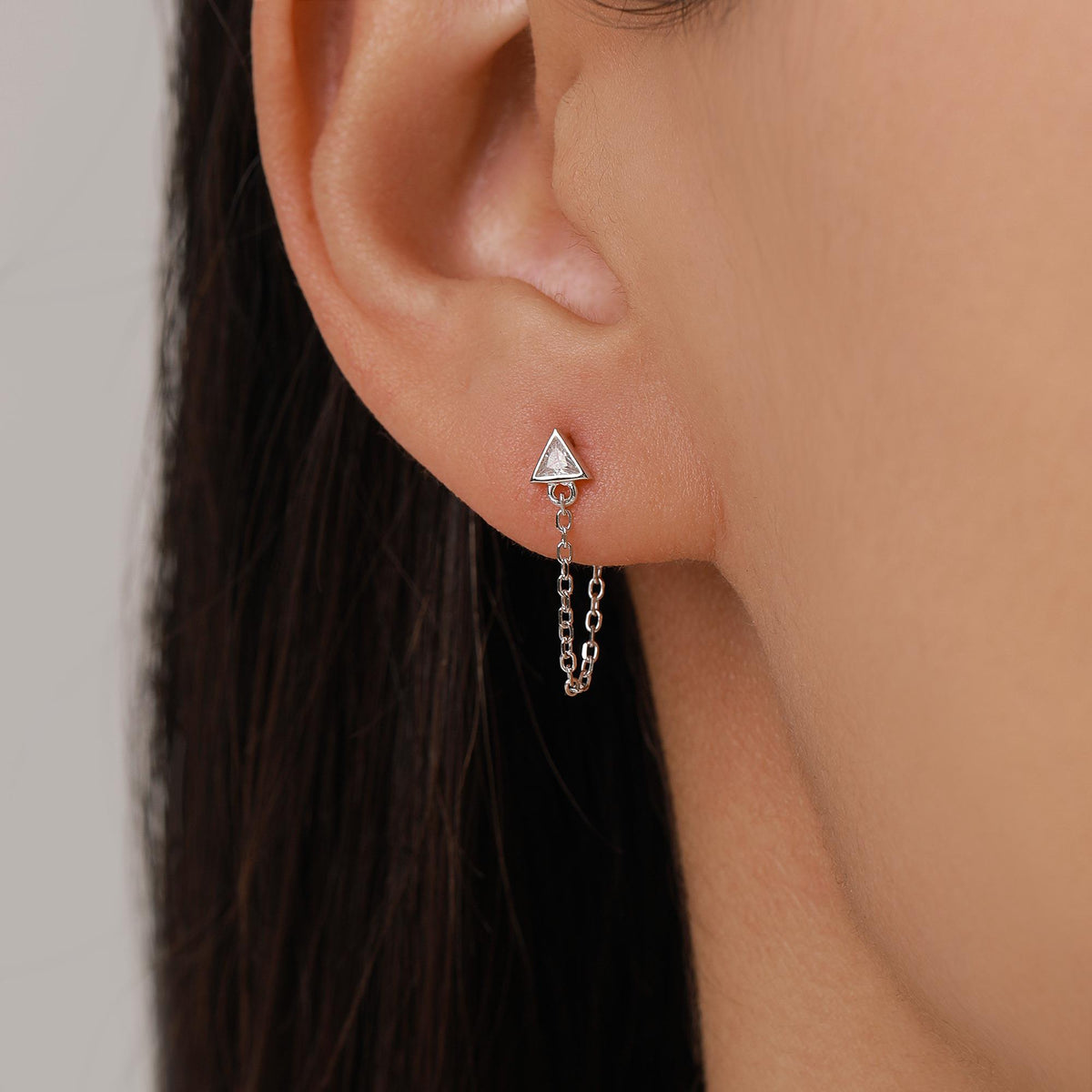 Tiny Triangle CZ Chain Earrings in Sterling Silver, Silver or Gold, Triangle CZ Ear Jacket, CZ Jacket Earrings