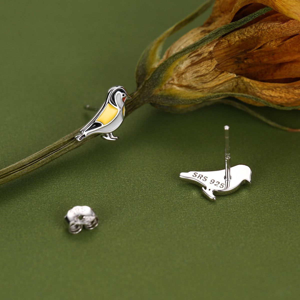 Goldfinch Bird Stud Earrings in Sterling Silver, Silver or Gold, Enamel Bird Earrings, Nature Inspired Animal Earrings