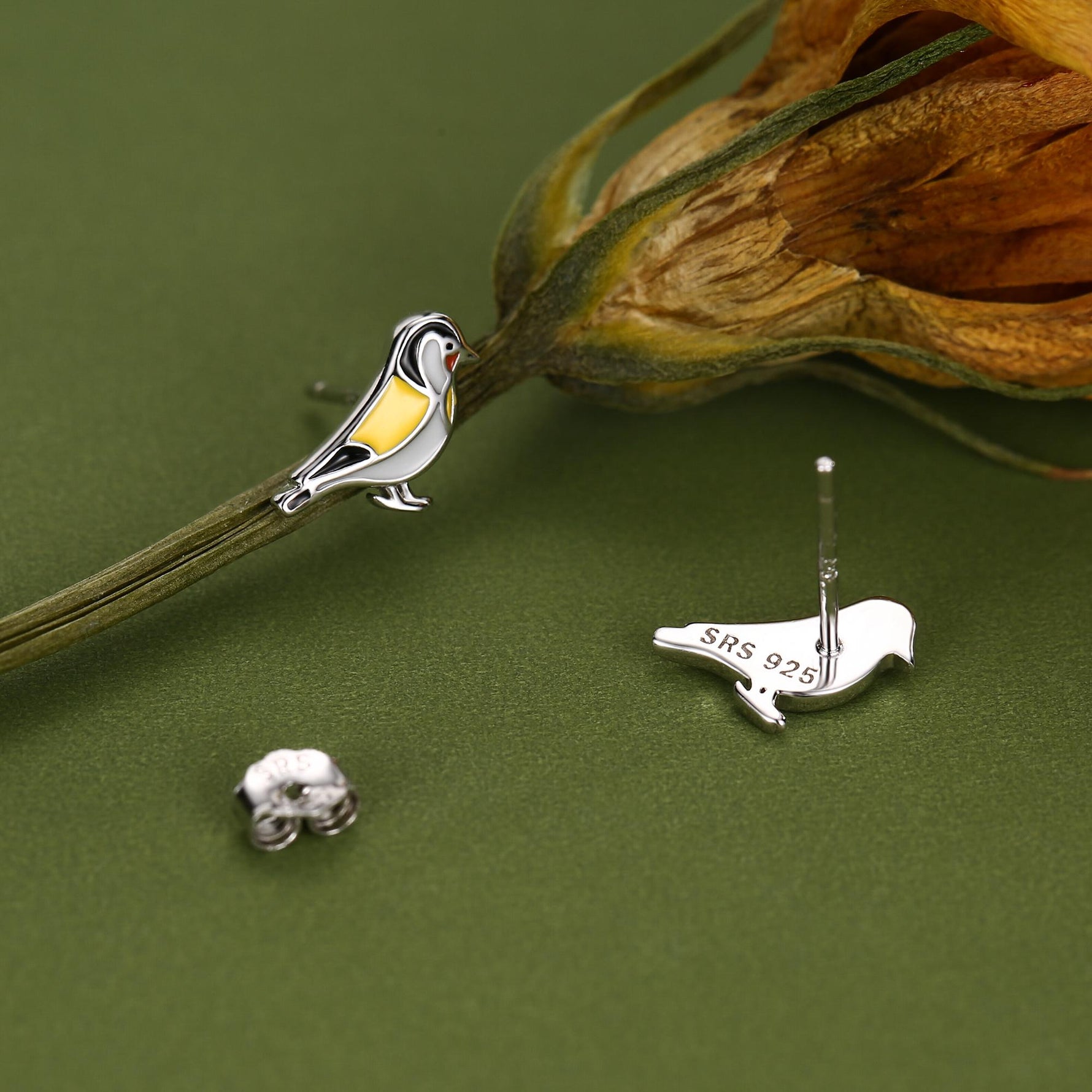 Goldfinch Bird Stud Earrings in Sterling Silver, Silver or Gold, Enamel Bird Earrings, Nature Inspired Animal Earrings