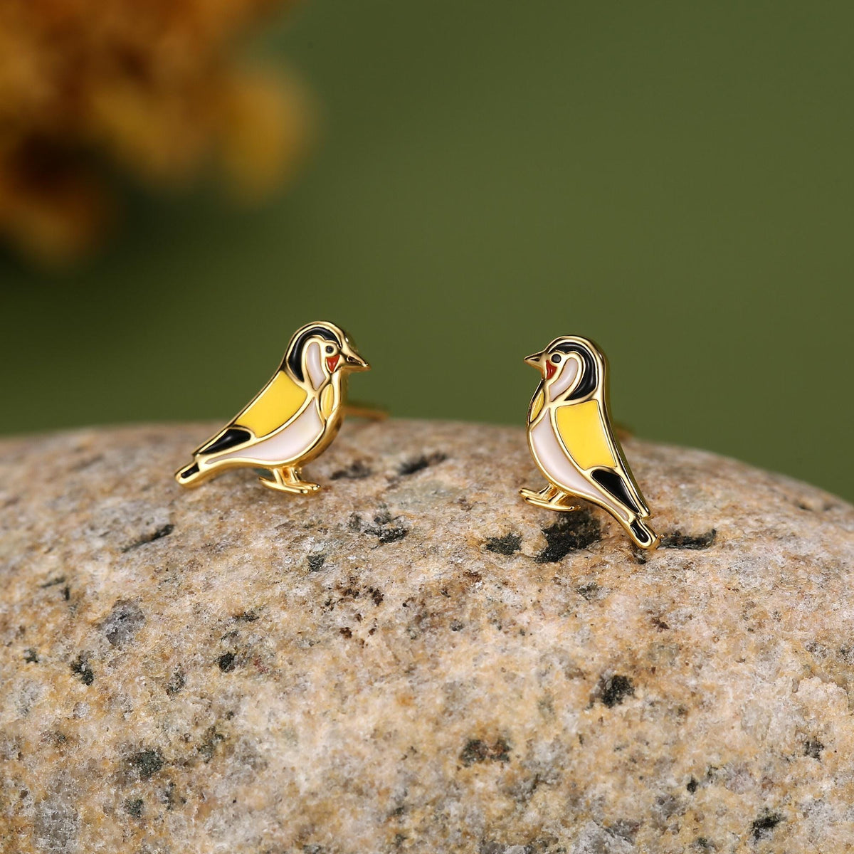 Goldfinch Bird Stud Earrings in Sterling Silver, Silver or Gold, Enamel Bird Earrings, Nature Inspired Animal Earrings