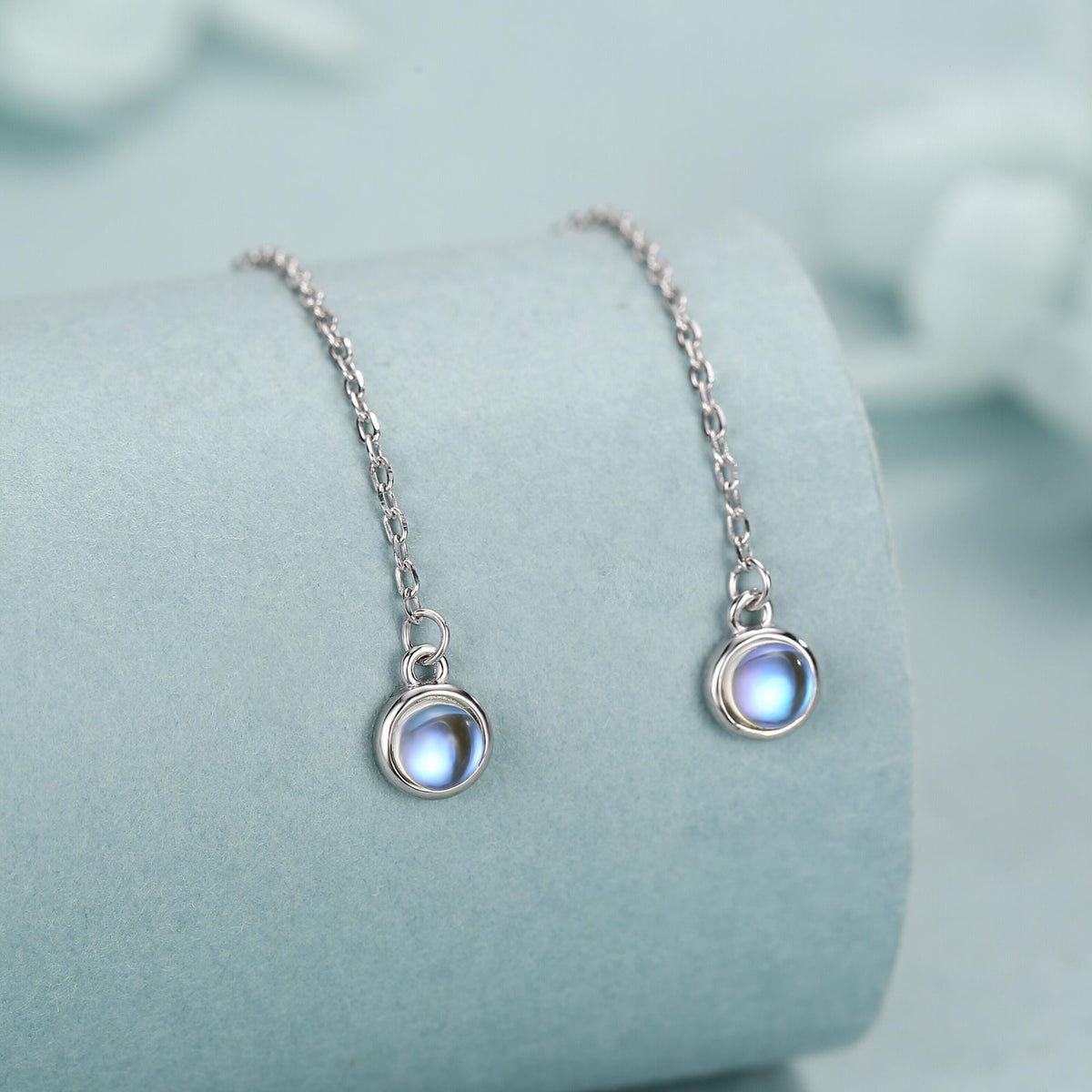Sterling Silver Tiny Moonstone Coin Ear Threader Earrings, Silver or Gold, Lab Moonstone Drop Earrings, Minimalist Threader Earrings