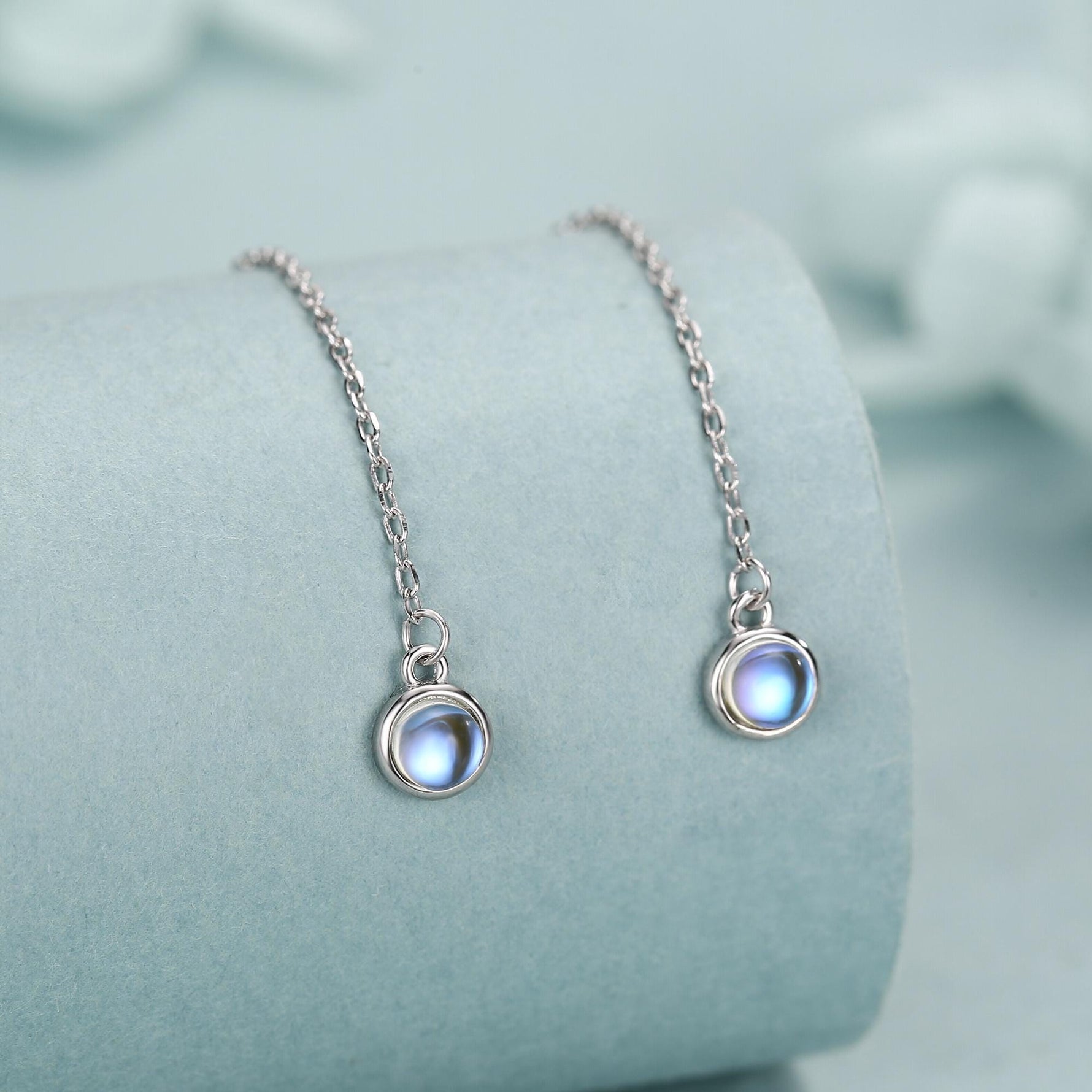 Sterling Silver Tiny Moonstone Coin Ear Threader Earrings, Silver or Gold, Lab Moonstone Drop Earrings, Minimalist Threader Earrings
