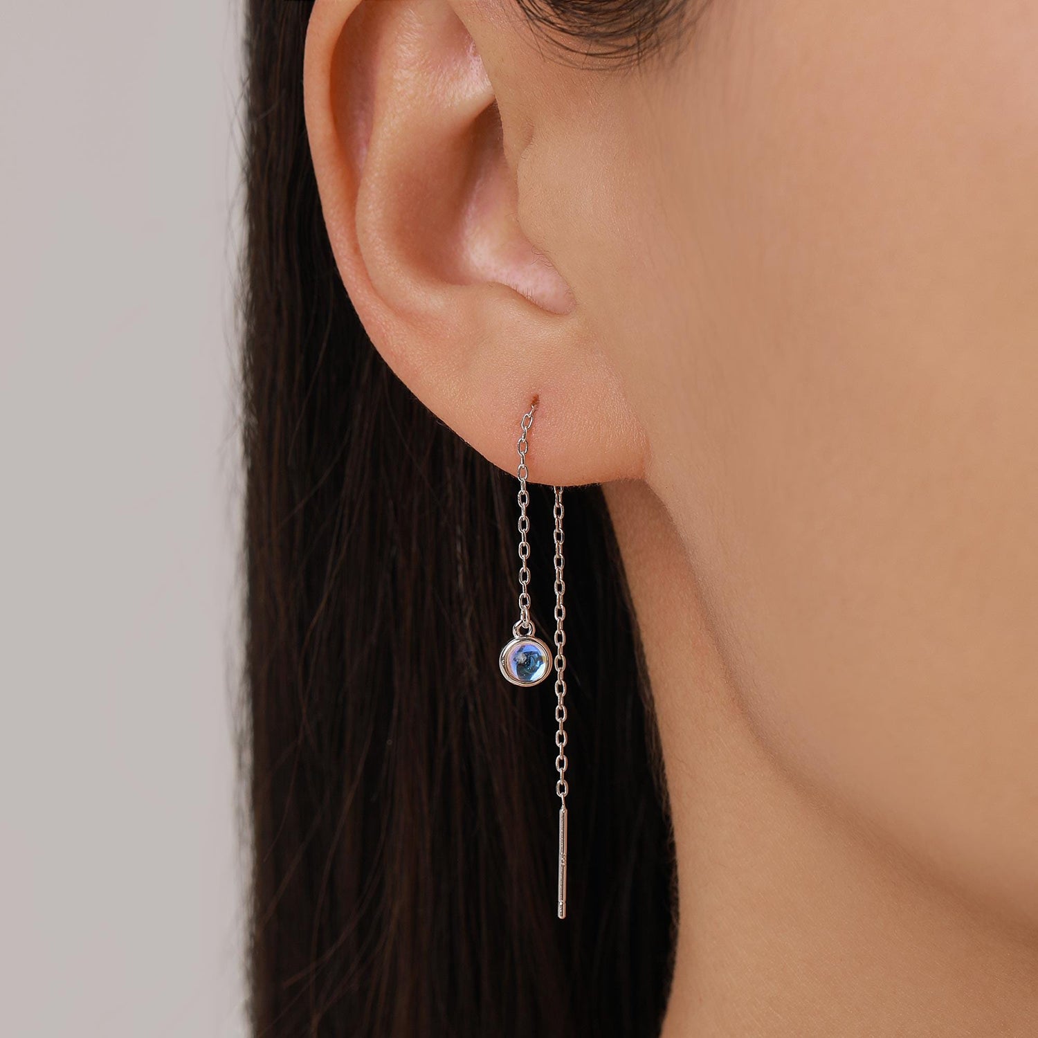 Sterling Silver Tiny Moonstone Coin Ear Threader Earrings, Silver or Gold, Lab Moonstone Drop Earrings, Minimalist Threader Earrings