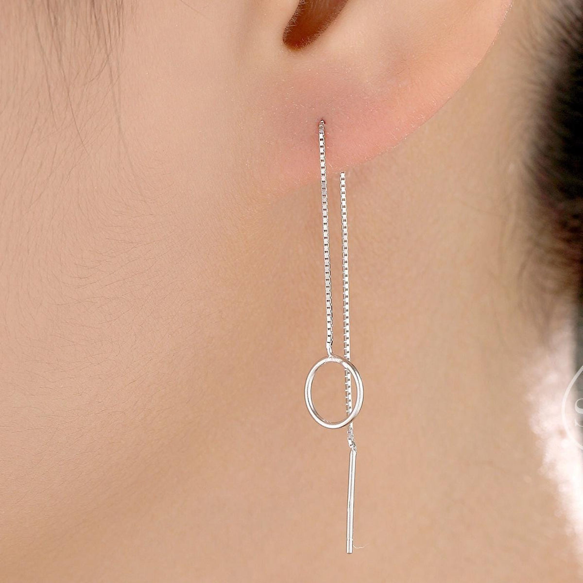 Sterling Silver Circle Ear Threaders, Silver or Gold or Rose Gold, Open Circle Threader Earrings