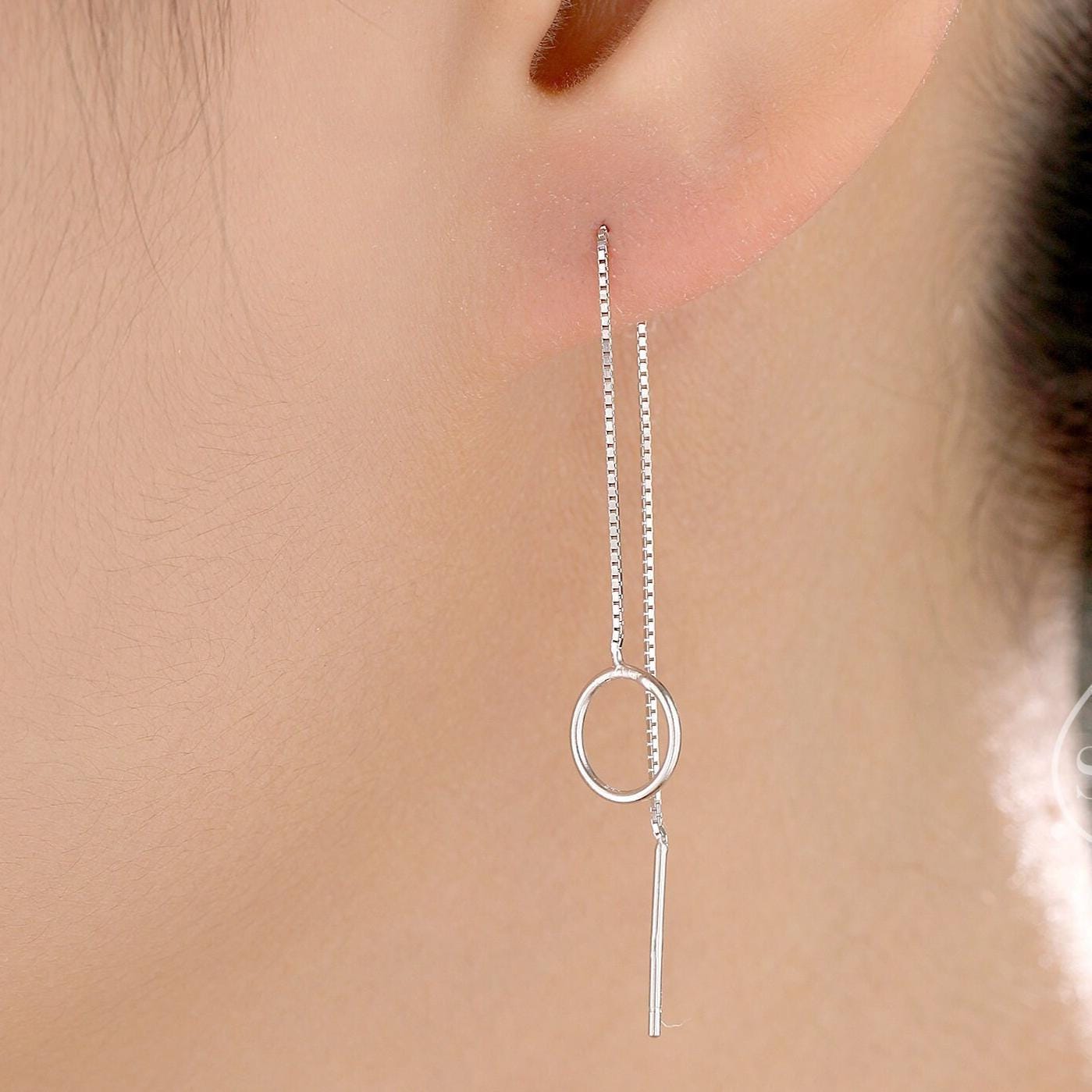 Sterling Silver Circle Ear Threaders, Silver or Gold or Rose Gold, Open Circle Threader Earrings