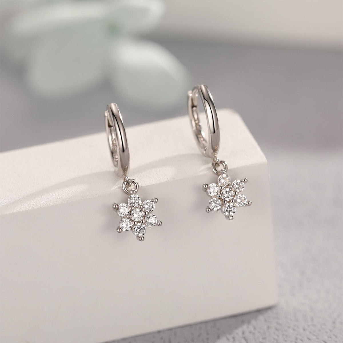 Tiny CZ Flower Dangle Huggie Hoop in Sterling Silver, Silver or Gold or Rose Gold, Skinny CZ Snowflake Earrings, CZ Flower Hoops