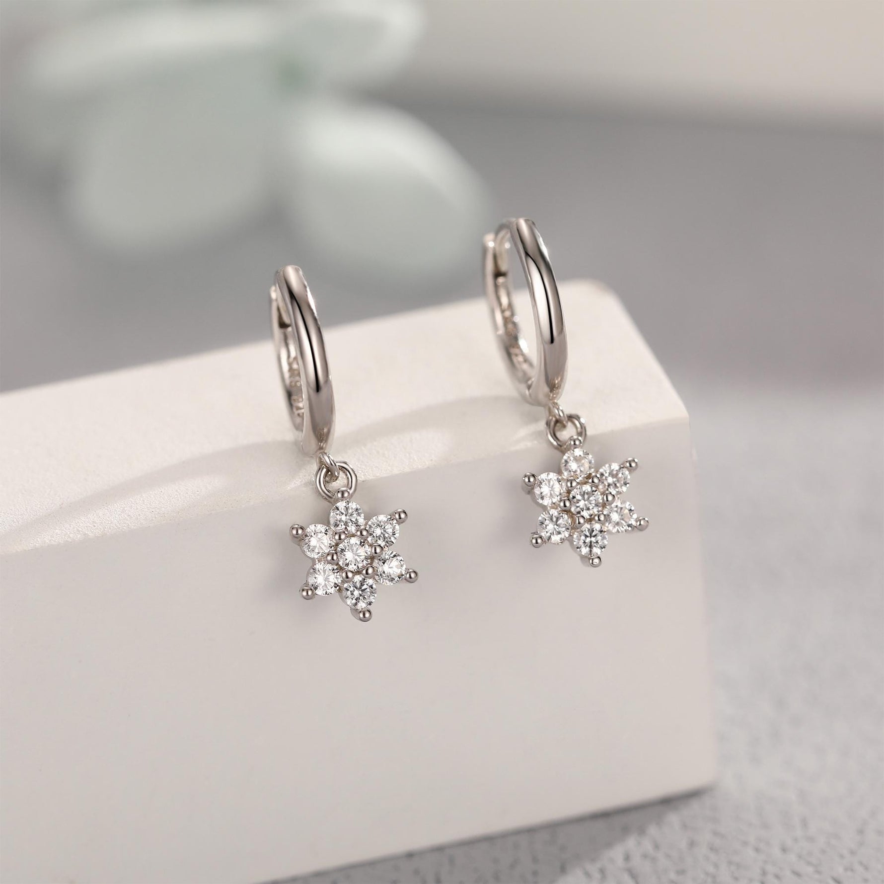 Tiny CZ Flower Dangle Huggie Hoop in Sterling Silver, Silver or Gold or Rose Gold, Skinny CZ Snowflake Earrings, CZ Flower Hoops