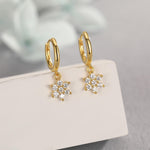 Tiny CZ Flower Dangle Huggie Hoop in Sterling Silver, Silver or Gold or Rose Gold, Skinny CZ Snowflake Earrings, CZ Flower Hoops