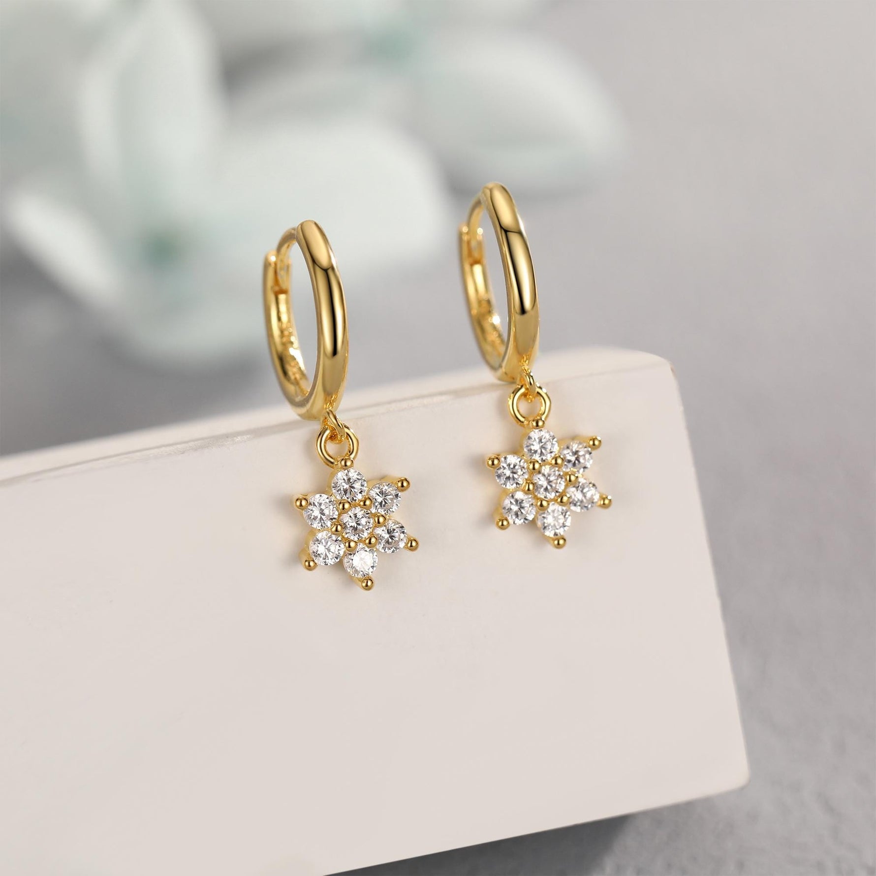Tiny CZ Flower Dangle Huggie Hoop in Sterling Silver, Silver or Gold or Rose Gold, Skinny CZ Snowflake Earrings, CZ Flower Hoops