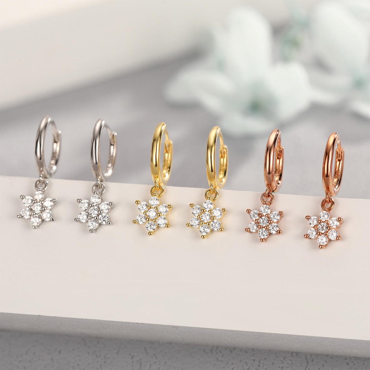 Tiny CZ Flower Dangle Huggie Hoop in Sterling Silver, Silver or Gold or Rose Gold, Skinny CZ Snowflake Earrings, CZ Flower Hoops