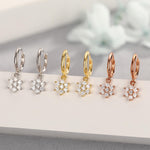 Tiny CZ Flower Dangle Huggie Hoop in Sterling Silver, Silver or Gold or Rose Gold, Skinny CZ Snowflake Earrings, CZ Flower Hoops